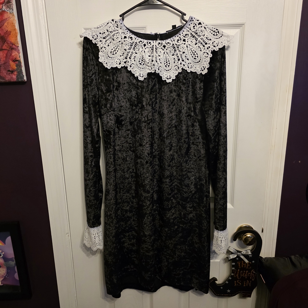 Dolls Kill Black Velvet Midi Dress with White Lace